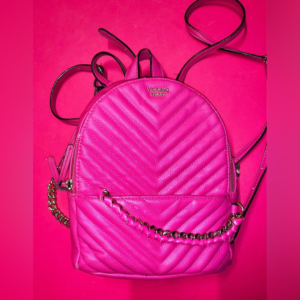 Victoria's Secret Rare Quilted Hot Pink Mini Backpack Golden Chain Zipper Travel